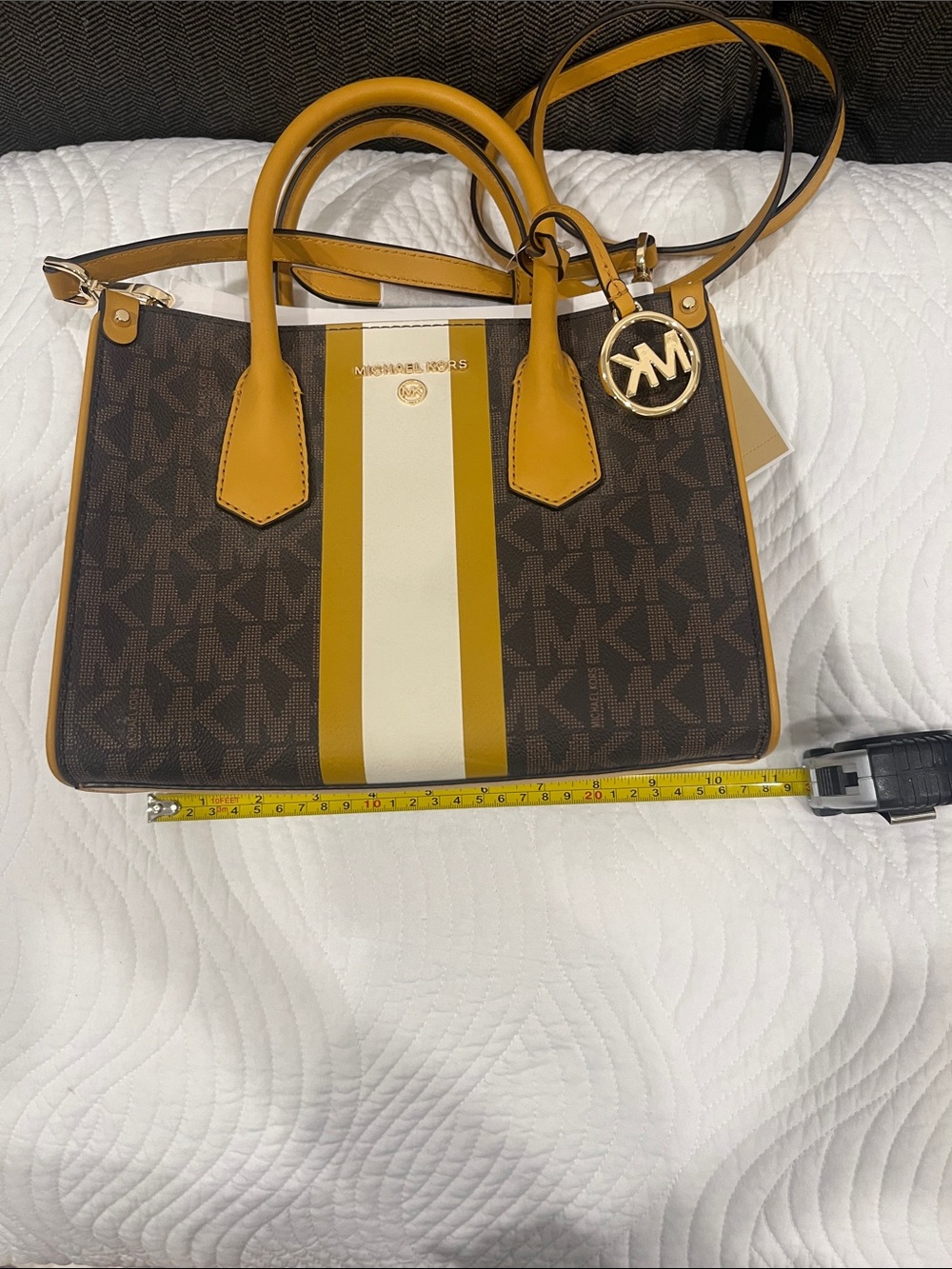 Michael Kors Brown, Mustard & Cream Stripe Logo Satchel